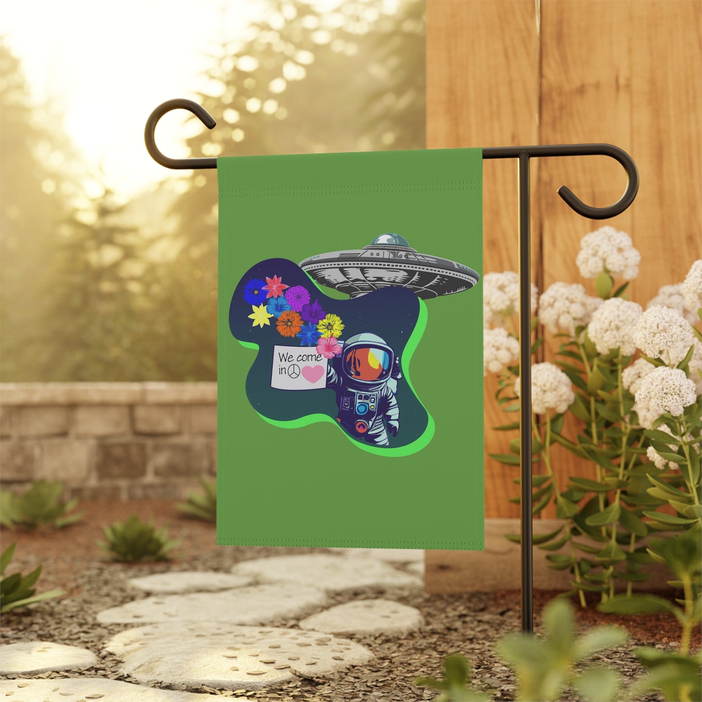 Whimsical Garden Banner - 'We Come in Piece' with UFO & Astronaut Design